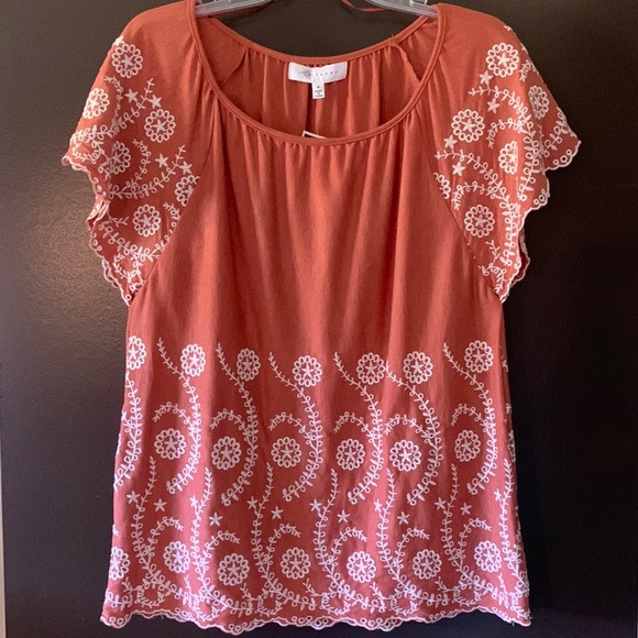 FEVER Ladies Boho Peasant Embroidered Floral Pattern Top Rust Color Size Medium - Picture 1 of 6
